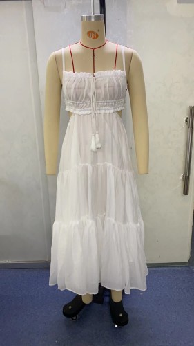 Hanging strap hollow out backless spliced large swing dress
