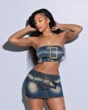 Strapless waistband elastic denim short skirt set