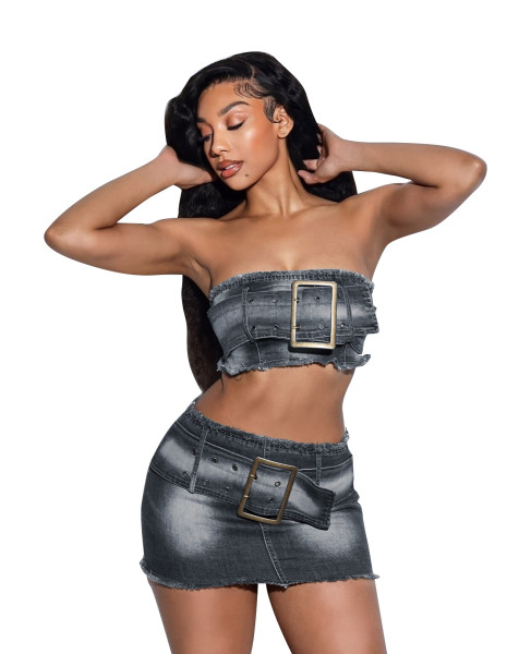 Strapless waistband elastic denim short skirt set
