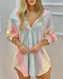 Long sleeved drawstring V-neck button striped shirt
