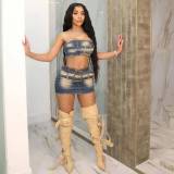 Strapless waistband elastic denim short skirt set