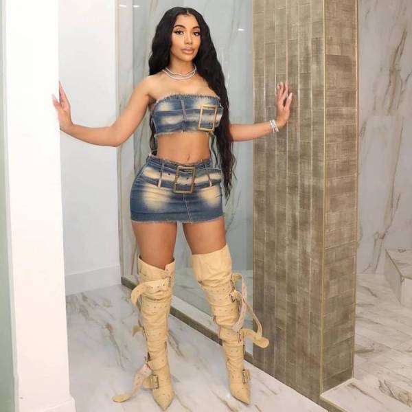 Strapless waistband elastic denim short skirt set