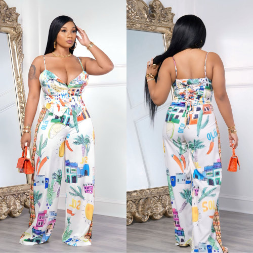 High waist wide leg adjustable shoulder strap print set