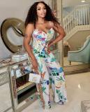 High waist wide leg adjustable shoulder strap print set