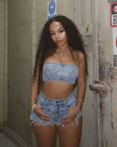 Embroidered strapless elastic shorts set Embroidered strapless elastic shorts set