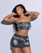 Strapless waistband elastic denim short skirt set Strapless waistband elastic denim short skirt set