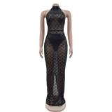 Sequined neck hanging backless long skirt dress