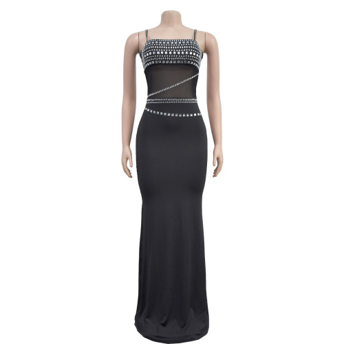 Women's rhinestone mesh dress, long skirt