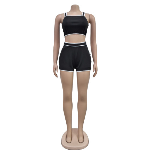 Women's solid color suspender shorts two-piece set