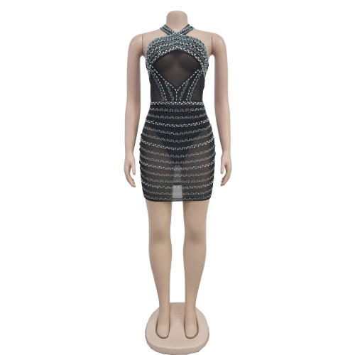 Women's mesh neck hanging dress