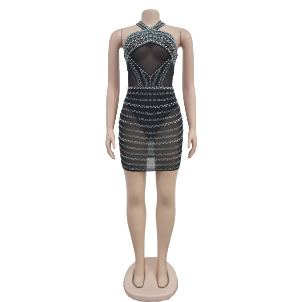Women's mesh neck hanging dress