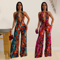 Women's printed sleeveless deep V color blocked backless long jumpsuit Women's printed sleeveless deep V color blocked backless long jumpsuit