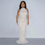 Sequined neck hanging backless long skirt dress