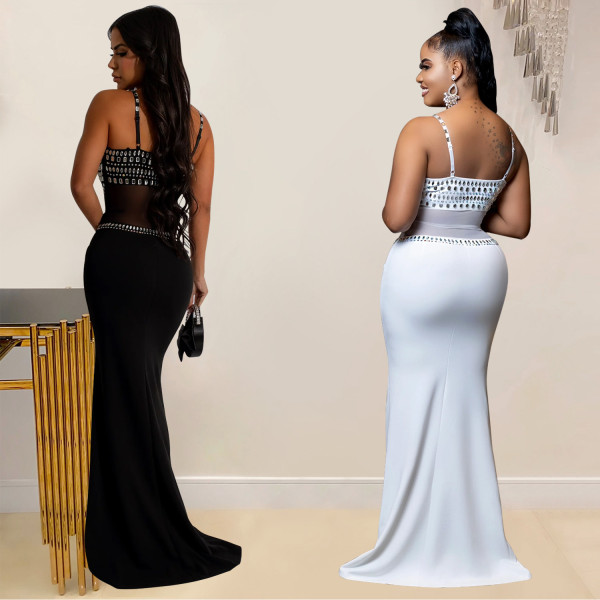 Women's rhinestone mesh dress, long skirt