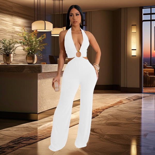 Women's solid color V-neck long pants jumpsuit