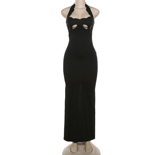 Backless hollowed out hip hugging split lace neck dress
