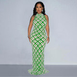 Sequined neck hanging backless long skirt dress
