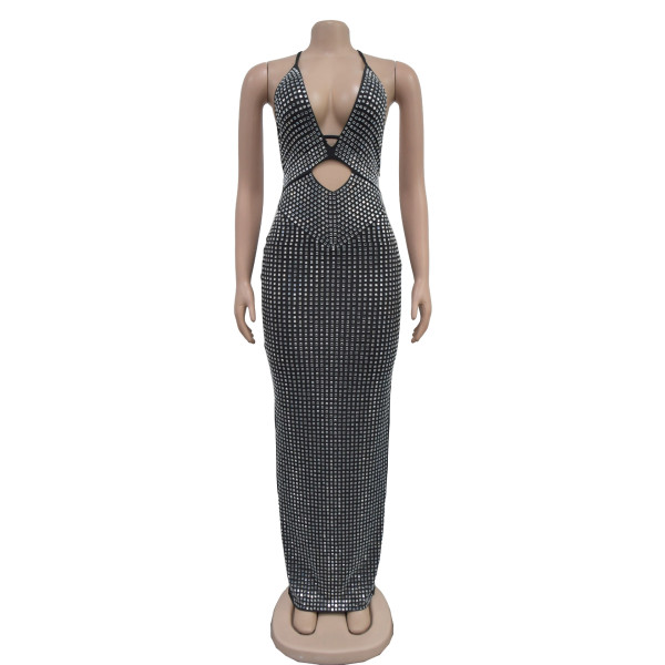 Women's V-neck rhinestone sleeveless dress