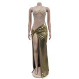 Women's high slit hot stamping diamond see through dress