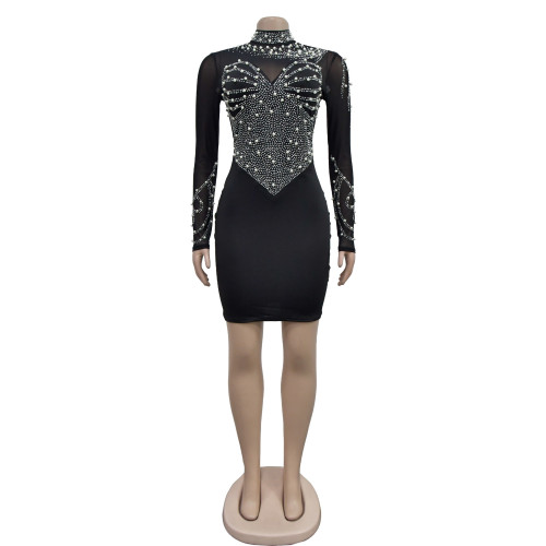 Women's mesh rhinestone long sleeved short skirt dress
