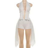 Low cut sleeveless hanging neck backless shorts set
