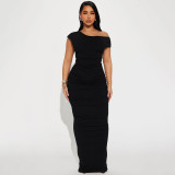 Slant neck pleated dress with temperament