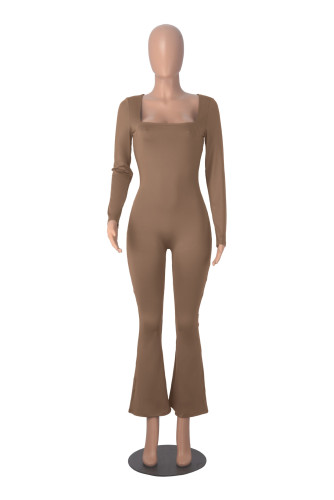 Long sleeved waistband, hip lifting square neck, slightly flared high elasticity jumpsuit