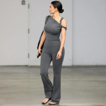 Slanted collar single shoulder short sleeved top and pants set Slanted collar single shoulder short sleeved top and pants set