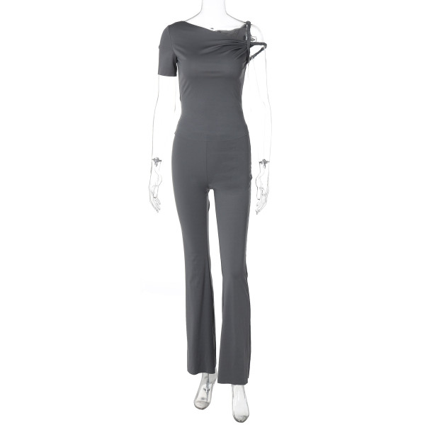 Slanted collar single shoulder short sleeved top and pants set