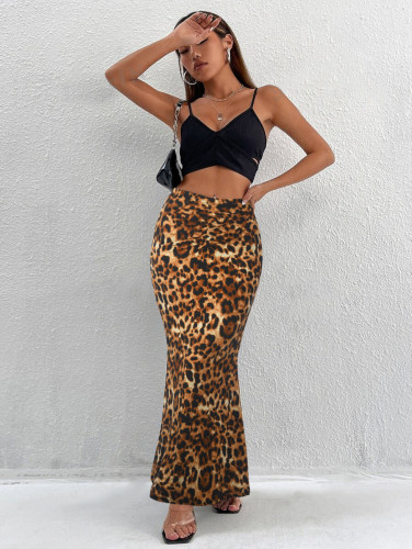 Leopard print half body wrapped buttocks fish tail long skirt