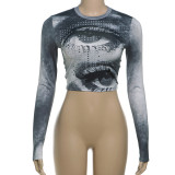 3D digital printed round neck slim fit crop top with exposed navel