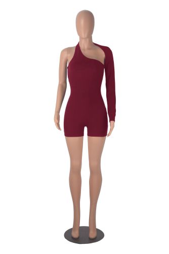Sensible backless hanging neck single shoulder sleeve sports jumpsuit