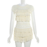 Solid color hollow pleated shorts set