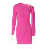 Single shoulder diagonal collar lace up solid color hip hugging dress