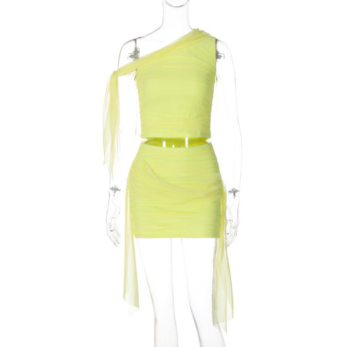 Slant neck sleeveless top with ribbon skirt set