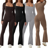 Long sleeved waistband, hip lifting square neck, slightly flared high elasticity jumpsuit