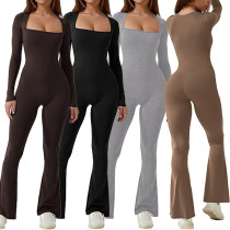 Long sleeved waistband, hip lifting square neck, slightly flared high elasticity jumpsuit