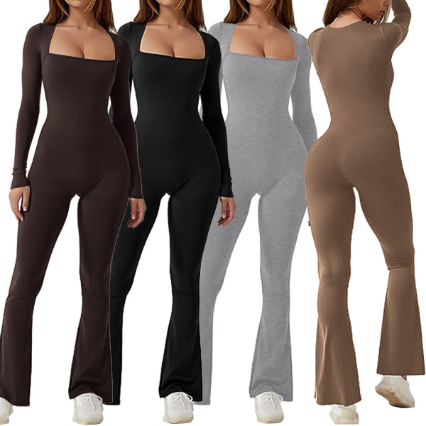 Long sleeved waistband, hip lifting square neck, slightly flared high elasticity jumpsuit