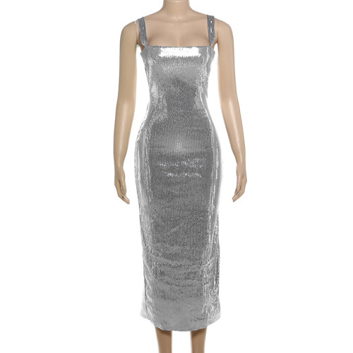 Hollow suspender sequin long dress