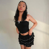 One line strapless pleated cake skirt set