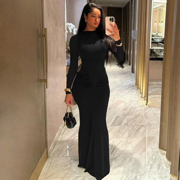 Long sleeved pleated high waisted dress