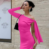 Single shoulder diagonal collar lace up solid color hip hugging dress