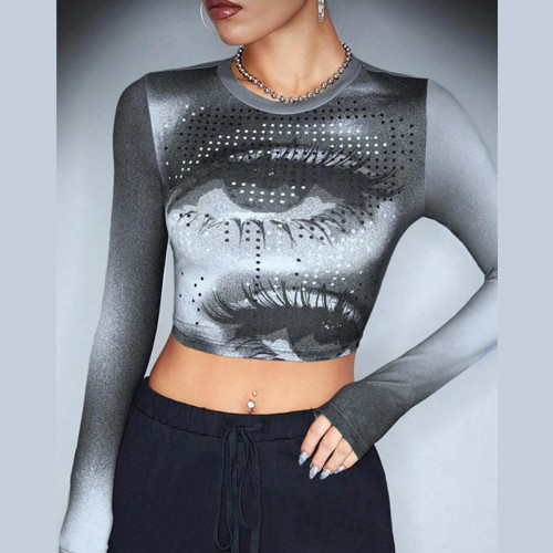3D digital printed round neck slim fit crop top with exposed navel