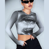 3D digital printed round neck slim fit crop top with exposed navel