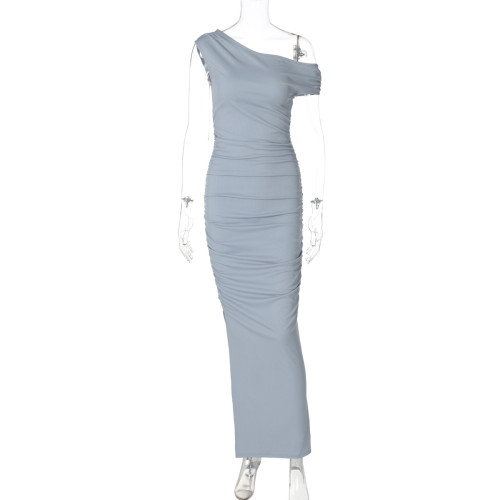 Slant neck pleated dress with temperament