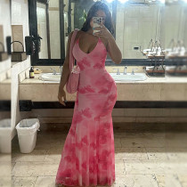 Printed backless suspender fish tail long dress Printed backless suspender fish tail long dress