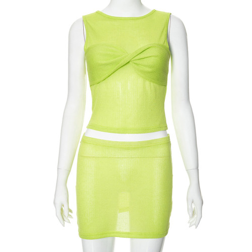 Twisted sleeveless vest, low waist, hip hugging short skirt set