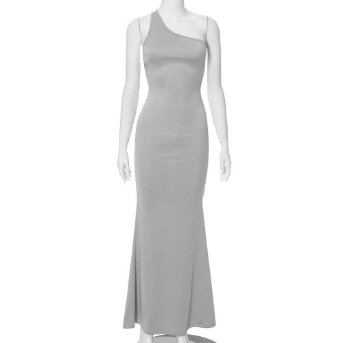 One shoulder sleeveless fish tail long dress