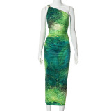 Slanted shoulder printed high waisted long dress