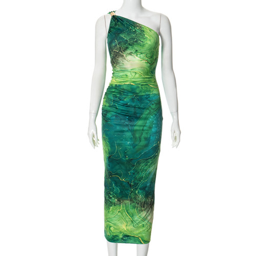 Slanted shoulder printed high waisted long dress